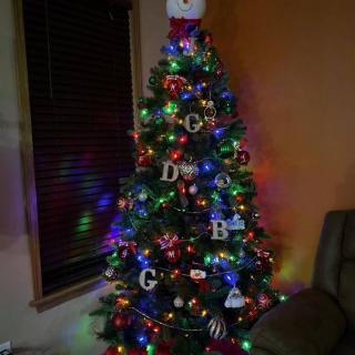 A beautifully decorated Christmas tree with colorful lights and ornaments in a cozy room.