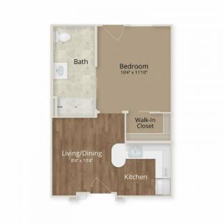 A simple layout of a one-bedroom apartment featuring a living/dining area, kitchen, bedroom with walk-in closet, and a bathroom.