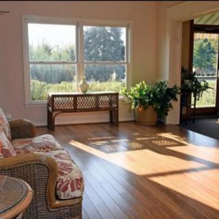 A bright and airy living room with large windows, hardwood floors, and comfortable seating.