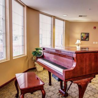 A grand piano in a well-lit music room with large windows and elegant decor.