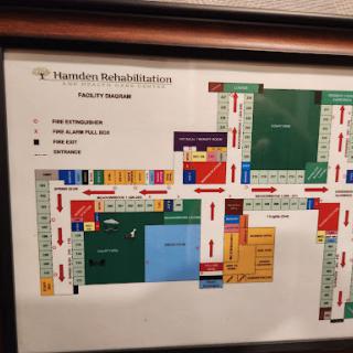 A map layout of a facility, detailing various areas and routes.