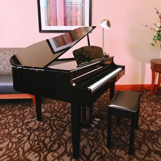 A grand piano in a well-decorated living room.