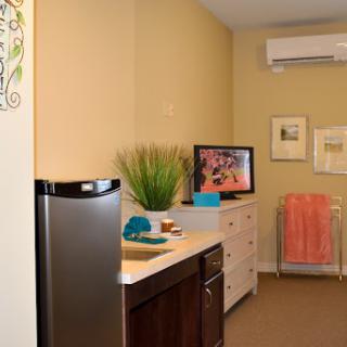 A cozy living area featuring modern furniture, a small refrigerator, a television, and decorative elements.
