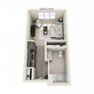3D floor plan of a compact studio apartment.