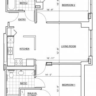 A blueprint of a residential apartment floor plan featuring two bedrooms, a living room, kitchen, and bathroom.