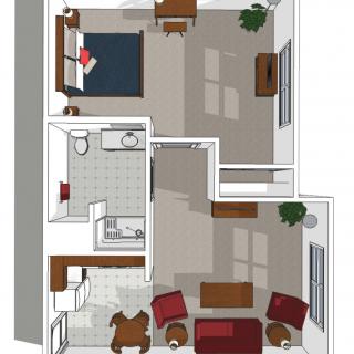A floor plan of a one-bedroom apartment showcasing furniture placement and room layout.