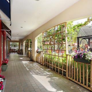 A charming outdoor shopping walkway adorned with flowers and natural light.