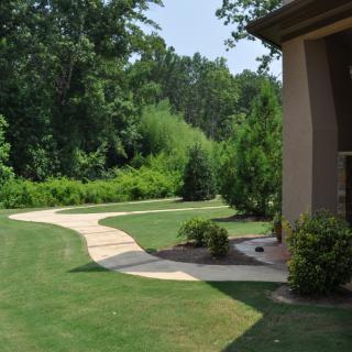 A scenic view of a garden with a winding pathway and lush vegetation near a house.
