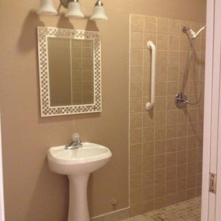 A bathroom featuring a sink, decorative mirror, and tiled shower area with a grab bar.