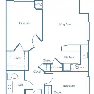 An apartment floor plan featuring two bedrooms, a bathroom, kitchen, and living room.