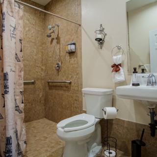 A neatly organized bathroom with a toilet, shower, sink, and handrails.