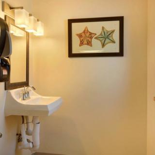 A bathroom interior featuring a sink with a mirror, overhead lighting, and framed starfish artwork on the wall.