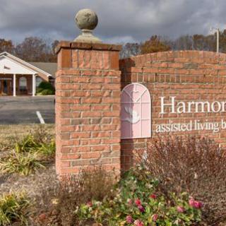 Entrance sign for Harmony assisted living facility.
