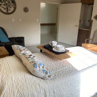 A cozy bedroom featuring a neatly made bed with decorative pillows and a wooden tray with tableware, illuminated by natural light.