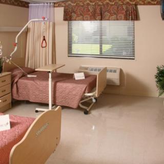 A hospital room with two patient beds separated by a privacy curtain, featuring standard medical furniture and equipment.
