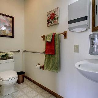 A clean and accessible bathroom with a toilet, sink, handrails, and decorative touches.