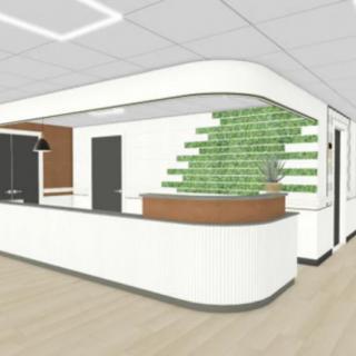 A modern reception area with a sleek design and green accent wall.