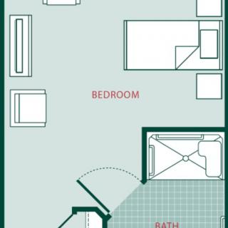 A floor plan showing the layout of a bedroom and bathroom.