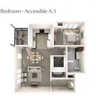 Floor plan of a one-bedroom accessible apartment, model A.3.