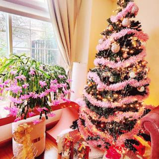 A beautifully decorated Christmas tree adorned with pink tinsel, surrounded by gifts and a lovely indoor plant.