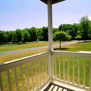 A peaceful view from a wooden balcony overlooking a grassy area with trees and a clear blue sky.