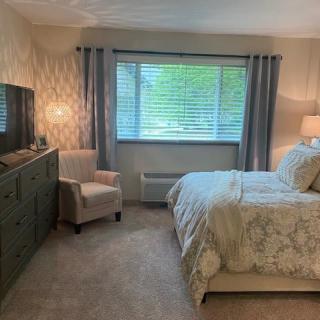 A cozy bedroom with a large bed, patterned bedding, and elegant decor featuring a chair, dresser, and ample natural light from the window.