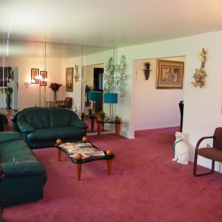 A retro-style living room with green sofas and a red carpet.