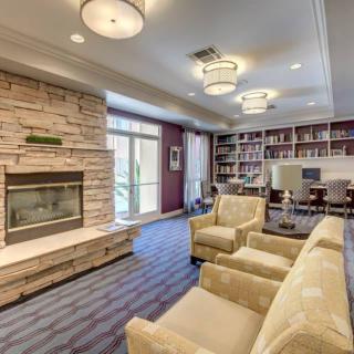 Cozy living room with a fireplace and a library section.
