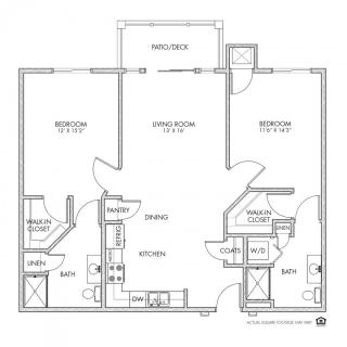 A floor plan showing a two-bedroom apartment layout with living room, kitchen, and bathroom.