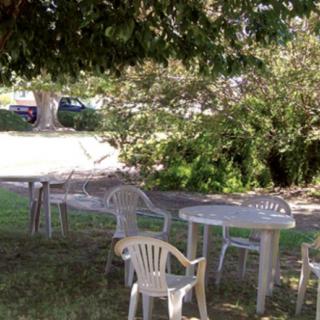 A tranquil outdoor seating area with plastic chairs and tables under the shade of trees.