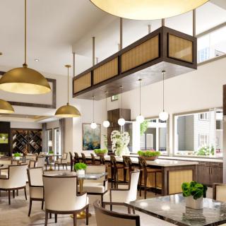 Modern restaurant interior with stylish furniture and elegant lighting.