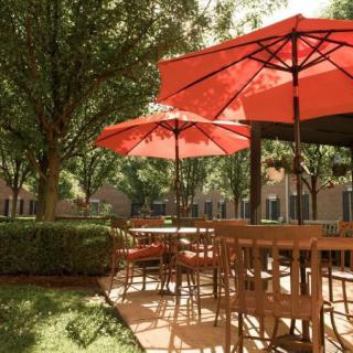 A sunny outdoor patio area with red umbrellas, wooden tables and chairs surrounded by greenery.