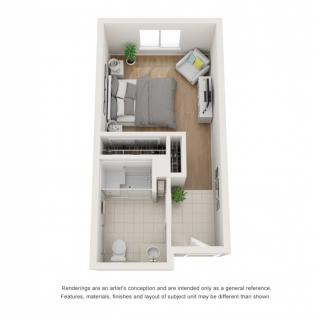 A 3D rendering of a compact one-bedroom apartment layout, featuring a bedroom, bathroom, and open living area.