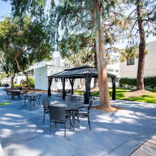 A peaceful outdoor area with chairs and a gazebo, surrounded by trees and adjacent to a building on a sunny day.