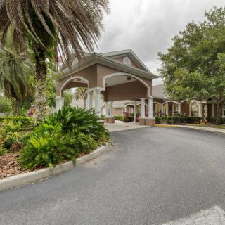 Entrance to a building with a landscaped driveway and surrounding trees.