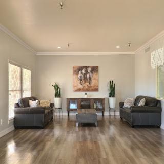 A stylish and contemporary living room featuring sleek furniture, decorative plants, and a captivating piece of artwork.
