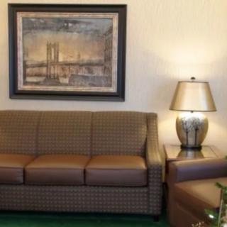 A cozy living room with a sofa, framed painting, and table lamp.