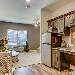 A cozy open-layout small apartment featuring a living room area and a compact kitchen with wooden cabinetry.