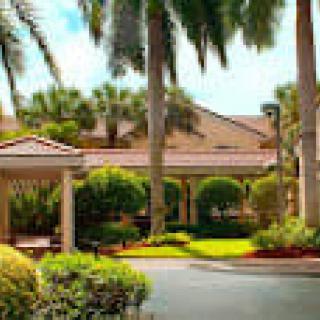 A tropical building entrance surrounded by palm trees and lush greenery.