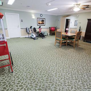 A spacious living room with carpeted flooring, featuring a television, chairs, and a table. People are seated and engaged in activities.