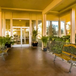 The entrance of a building featuring benches and plants.