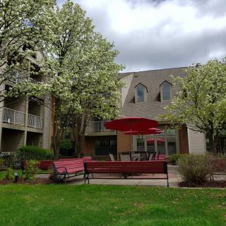 A tranquil garden area with blossoming trees and red patio furniture beneath a cloudy sky.