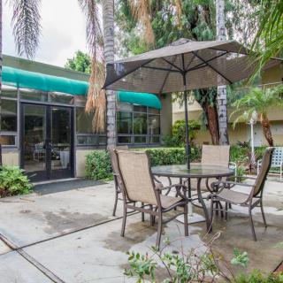 An outdoor patio area with a table, chairs, and an umbrella surrounded by greenery and palm trees.