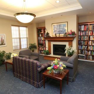 A cozy living room with a fireplace, surrounded by bookshelves and comfortable seating.