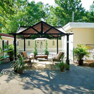 A cozy backyard setup with a gazebo and comfortable outdoor seating surrounded by lush greenery.