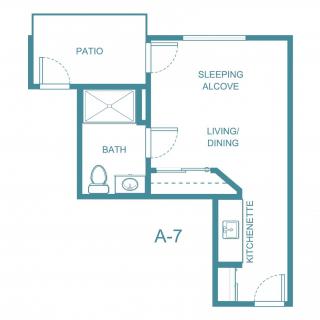 A floor plan of a studio apartment with labeled sections including a sleeping alcove, living/dining area, kitchenetic, bath, and patio.