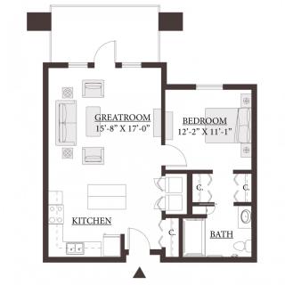 A floor plan of a small apartment with a living room, bedroom, kitchen, and bathroom.