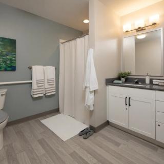 A modern bathroom featuring a sleek shower area, large mirror, and ample cabinetry.