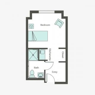 A simple floor plan of a small apartment with a bedroom and bathroom.