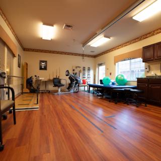 A spacious physical therapy room equipped with exercise tools and a warm atmosphere.